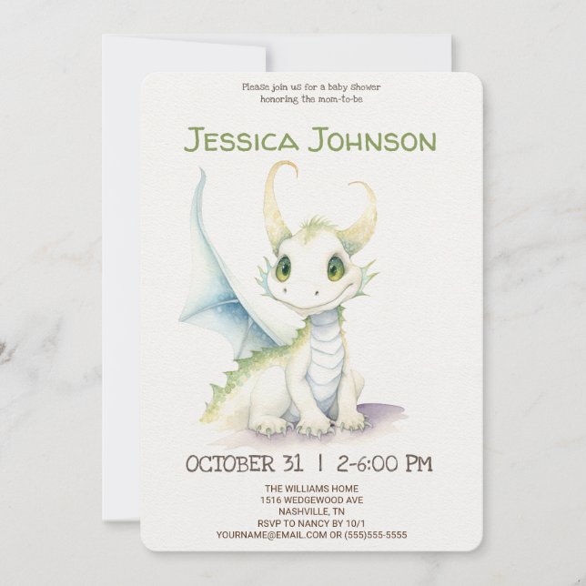 Invitation Baby Shower Conte de Fée Dragon Blanc Mignon (Devant)
