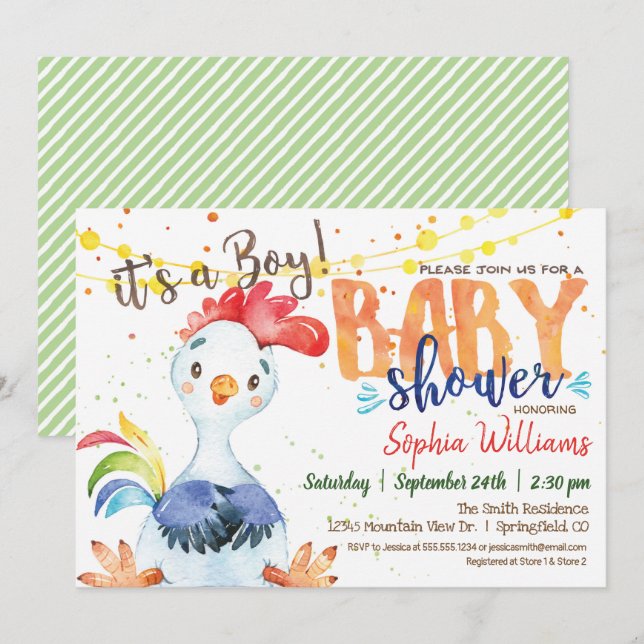 Invitation Baby shower coq, garçon, ferme (Devant / Derrière)