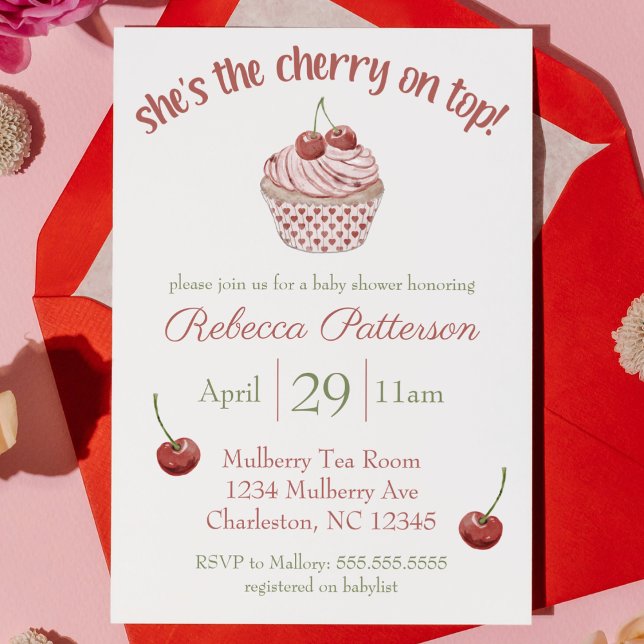 Invitation baby shower Coquette Cupcake "Cerise sur le dessus ("she's the cherry on top" pink and red cupcake girl baby shower invitation coquette cute watercolor)