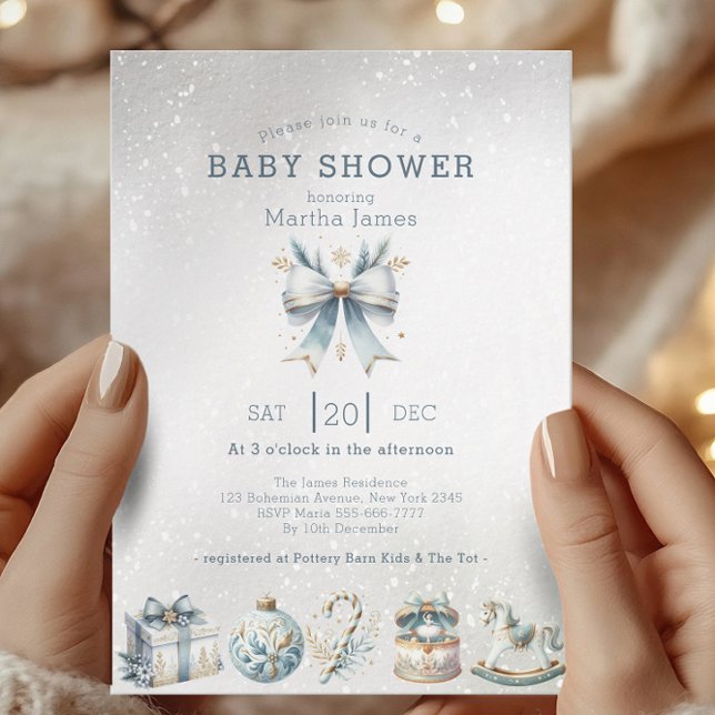 Invitation Baby shower Coquette de Noël bleu glace et or (Créateur téléchargé)