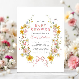 Invitation Baby shower Coquette Fleur sauvage rose Fille Bow