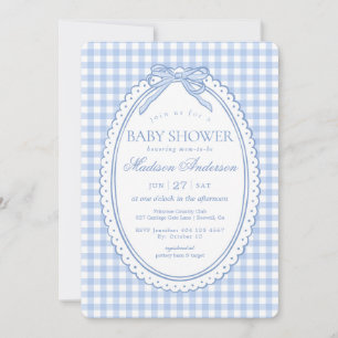 Invitation Baby Shower Coquette Nœud Gingham Bleu