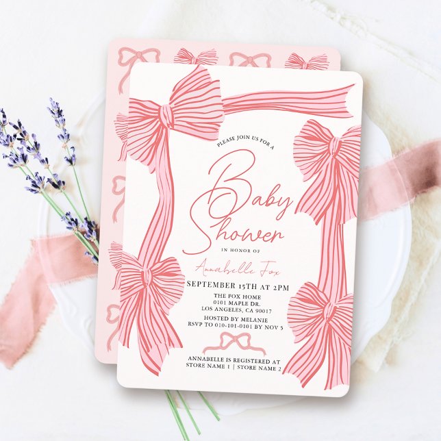 Invitation Baby shower Coquette Pink Bow/Ribbon Girl (Créateur téléchargé)