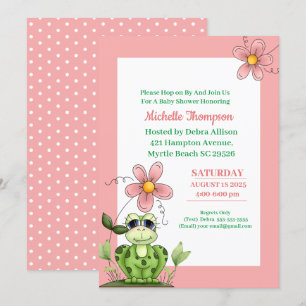 Invitation Baby shower corail mignon et grenouille verte Invi