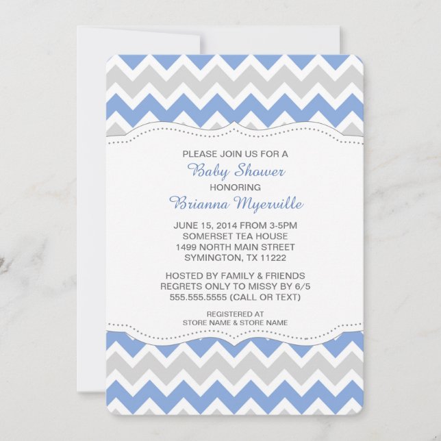Invitation Baby shower Cornflower Blue & Grey Chevron Invitat (Devant)