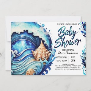 Invitation Baby shower côtier des Coquillages Bleus Profonds