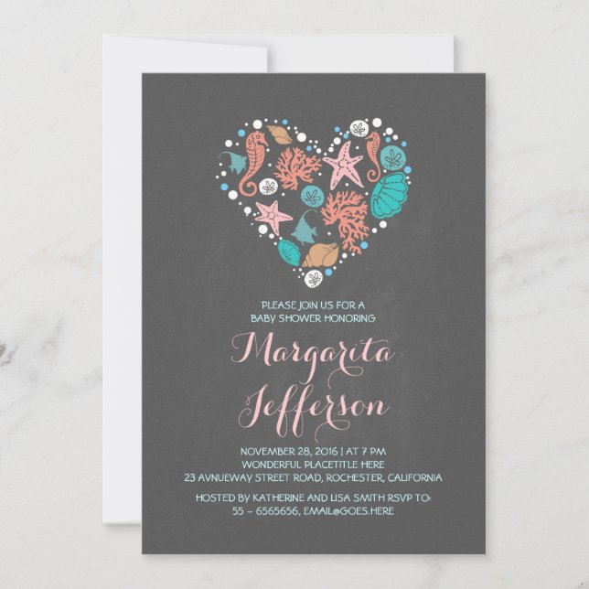 Invitation Baby shower côtier nautique de coeur de plage (Devant)