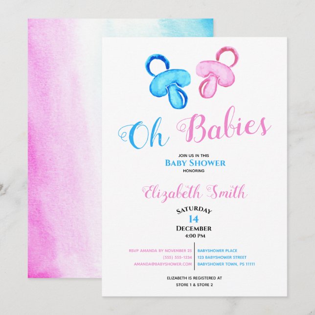 Invitation baby shower couleur eau pour bébé jumelé garçon et (Devant / Derrière)