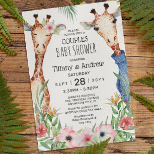 Invitation Baby-Shower Couple Girafe & Feuillage Tropical