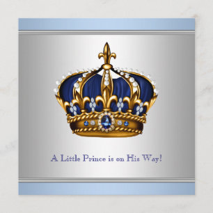 Invitation Baby Shower Couronne Bleu Argent Prince Bébé Garço