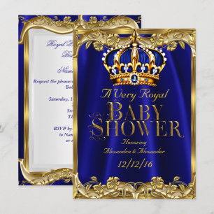 Invitation Baby Shower Couronne Bleu Royal Nuit Or