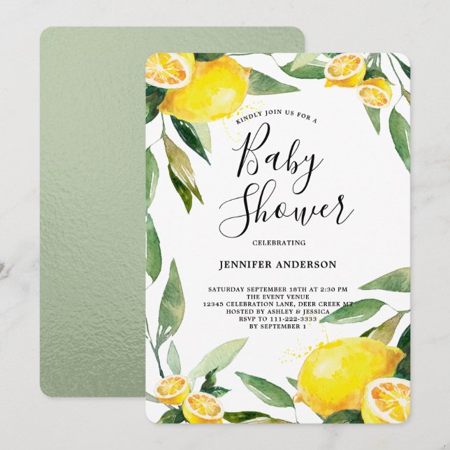 Invitation Baby Shower Couronne de citron aquarelle boho (Devant / Derrière)