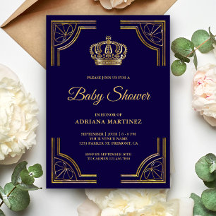 Invitation Baby Shower Couronne Ornée Bleu Vintage Or