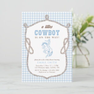 Invitation Baby shower Cowboy Gingham Bleu Vintage Prépa