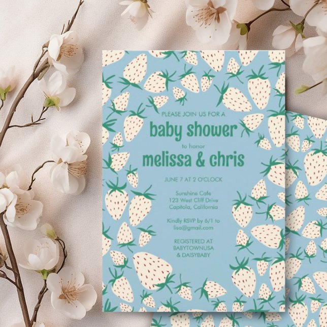 Invitation Baby shower CUSTOM D'Aiguille Fraise Blanche (White strawberries decorate this custom baby shower invitation. Add your own text - avail digitally)