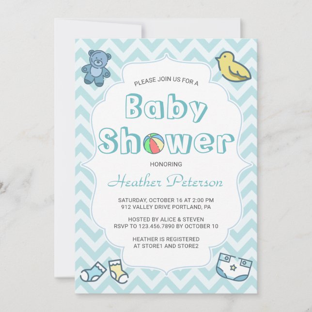 Invitation Baby shower Cute Blue Chevron (Devant)