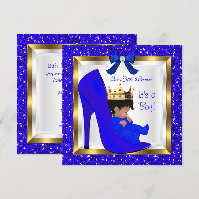 Invitation Baby shower Cute Boy Prince Royal Blue Chaussure (Devant / Derrière)