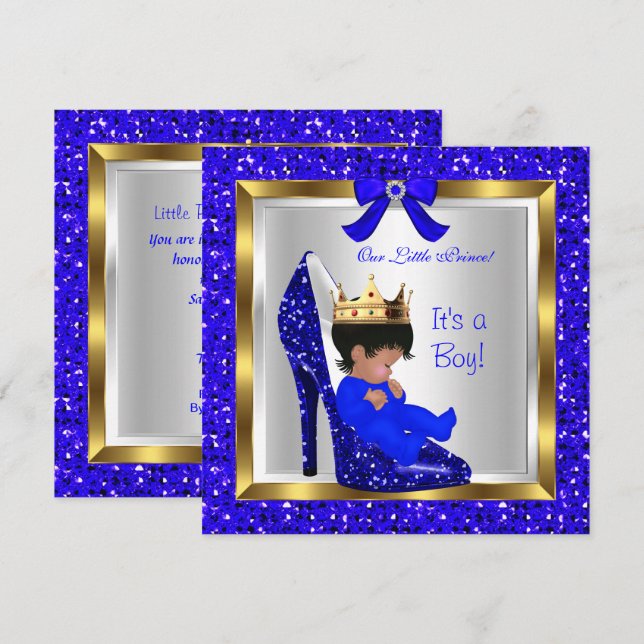 Invitation Baby shower Cute Boy Prince Royal Blue Chaussure 3 (Devant / Derrière)