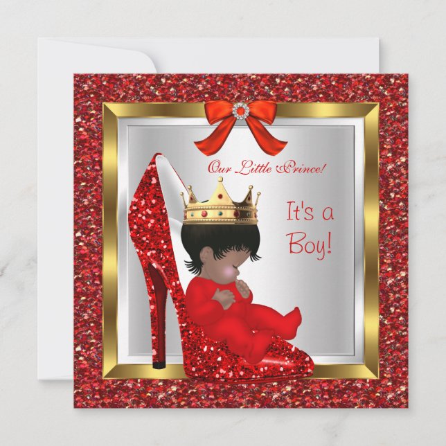 Invitation Baby shower Cute Boy Prince Royal Red Shoe 2 (Devant)