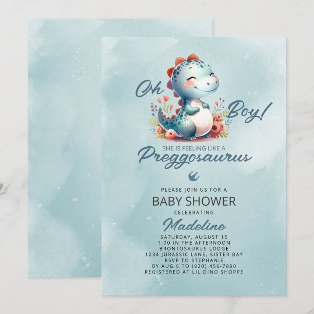 Invitation Baby shower Cute Dinosaur Preggosaurus (Devant / Derrière)