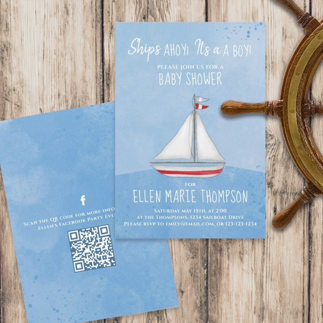 Invitation Baby shower Cute Sailboat QR Code Social Media (Créateur téléchargé)