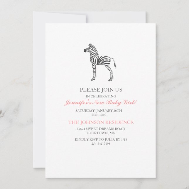 Invitation Baby shower Cute Zebra (Devant)