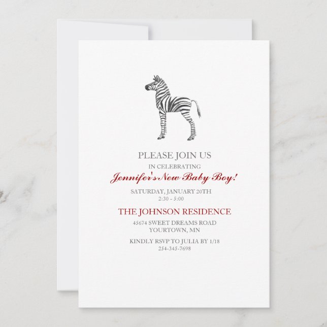 Invitation Baby shower Cute Zebra (Devant)