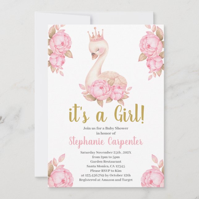 Invitation Baby shower cygne fille (Devant)