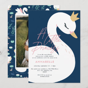 Invitation Baby shower cygne girly rose marine bleu mignon él