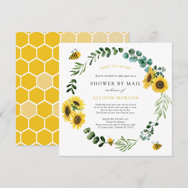 Invitation Baby shower d'abeille de tournesol par courrier (Devant / Derrière)