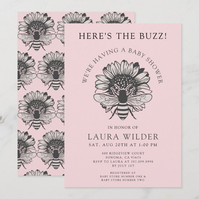 Invitation Baby shower d'abeille rose florale (Devant / Derrière)
