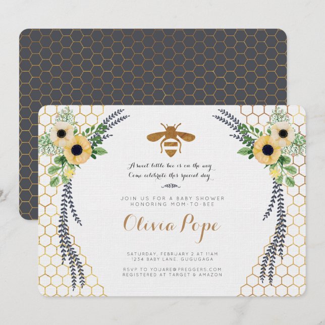 Invitation Baby shower d'abeilles (Devant / Derrière)