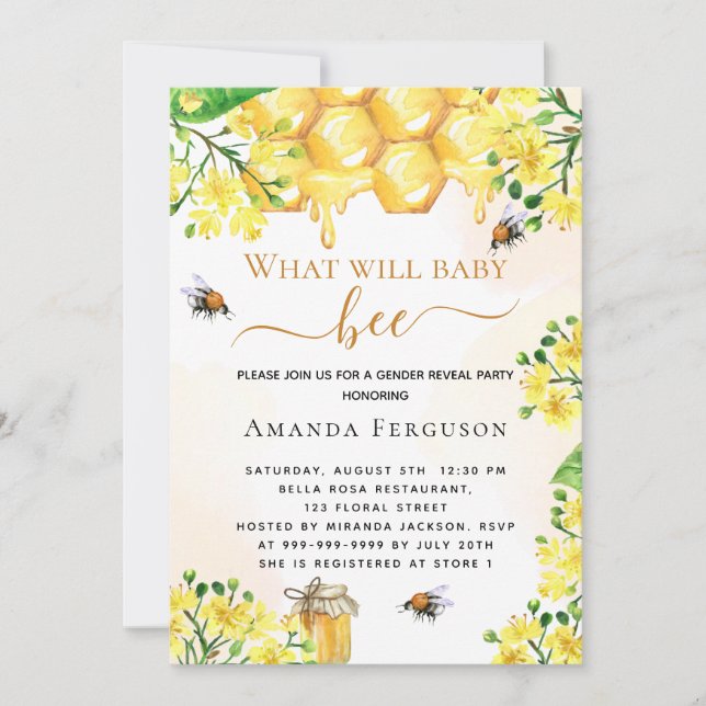 Invitation Baby shower d'abeilles jaune fleuri révèle (Devant)