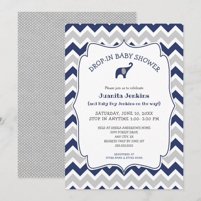 Invitation baby shower d'accueil pour éléphants de marine / m (Devant / Derrière)
