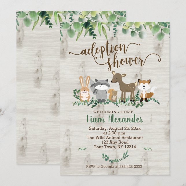 Invitation Baby shower d'adoption Animaux des bois (Devant / Derrière)