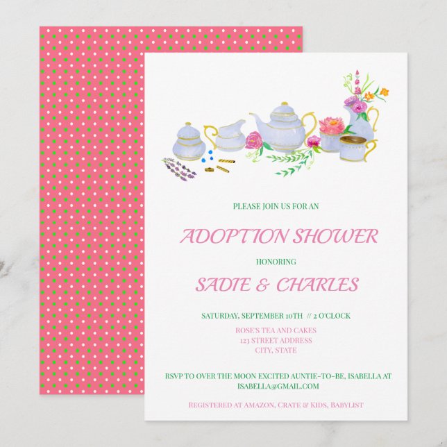 Invitation Baby shower d'adoption du kit de thé aquarelle (Devant / Derrière)
