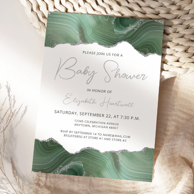 Invitation Baby shower d'Agate Argent Vert Sage (Créateur téléchargé)