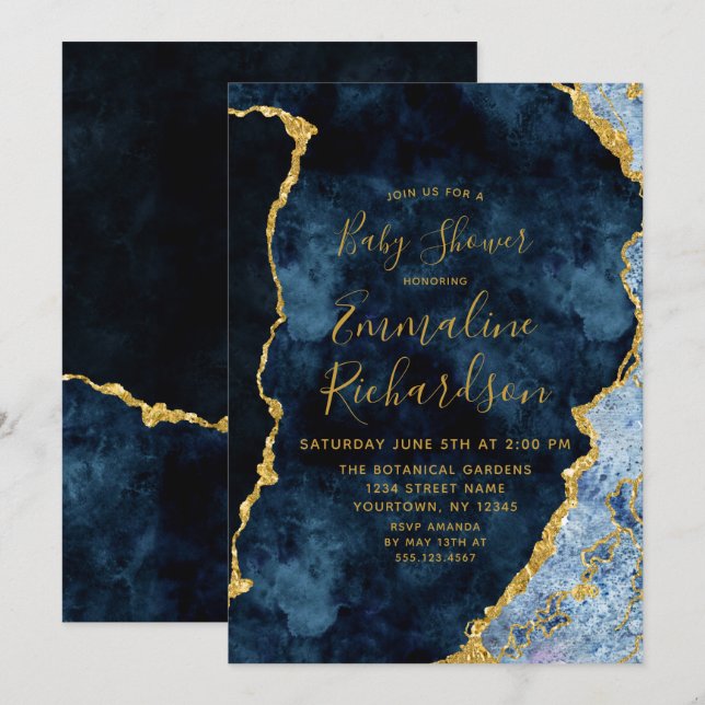 Invitation Baby shower d'agate bleu et or de la marine (Devant / Derrière)