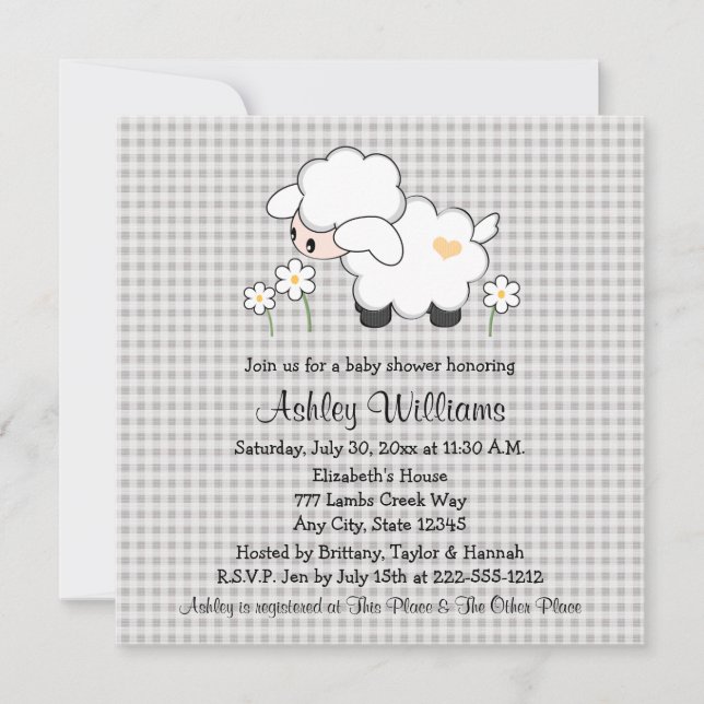 Invitation Baby shower d'agneau de bébé jaune et gris (Devant)