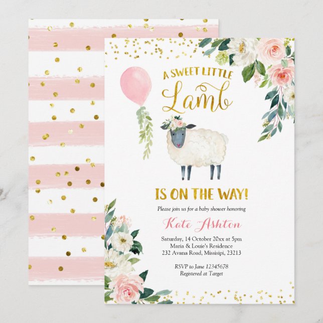 Invitation Baby shower d'agneau doux or et rose (Devant / Derrière)