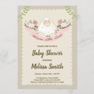 Invitation Baby shower d'agneau Fille Printemps ro