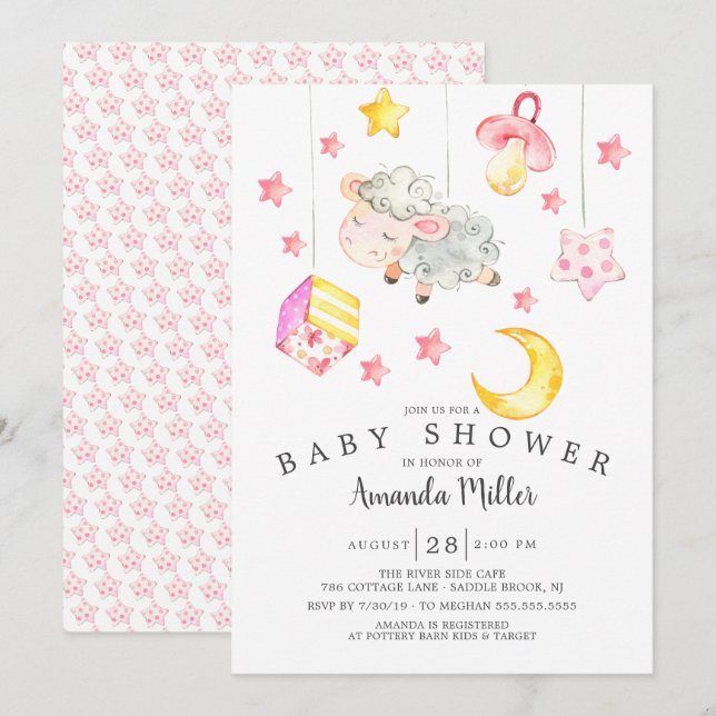 Invitation Baby shower d'agneau mobile pour bébé fille (Devant / Derrière)
