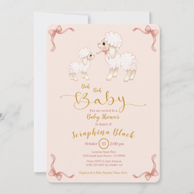Invitation Baby shower d'agneau rose Fille (Devant)