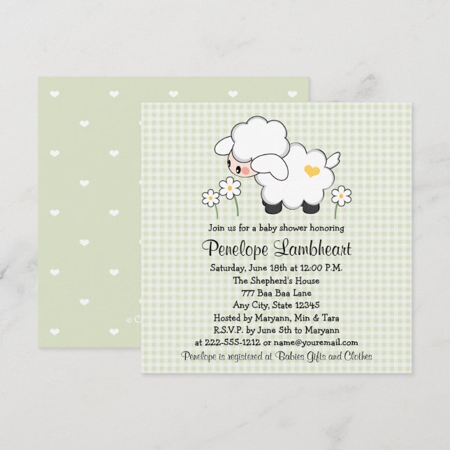 Invitation Baby shower d'agneau vert clair (Devant / Derrière)