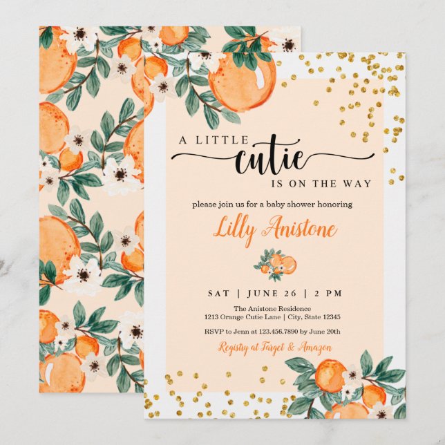 Invitation Baby shower d'agrumes de Little Cutie Clementine O (Devant / Derrière)
