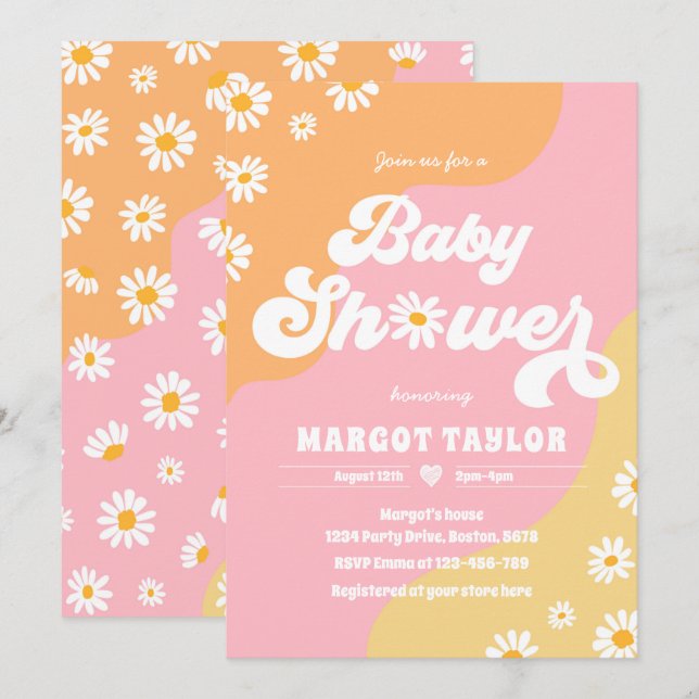 Invitation Baby shower Daisy Boho Hippy Vibes Baby shower (Devant / Derrière)
