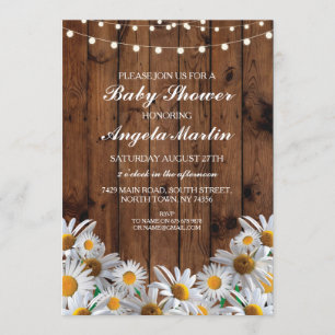 Invitation Baby shower Daisy Wood Rustic Lights Floral Invita