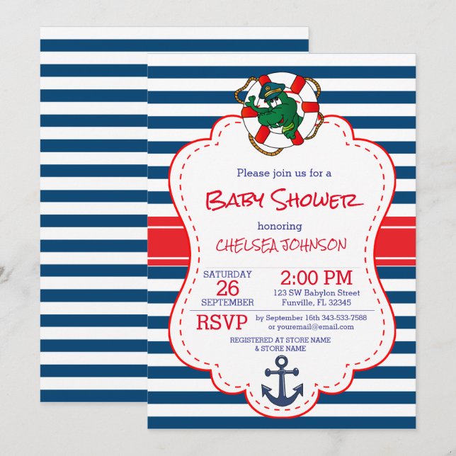 Invitation Baby shower d'alligator marin mignon (Devant / Derrière)