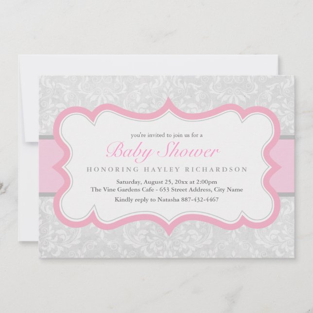 Invitation Baby shower Damas rose et gris élégant (Devant)