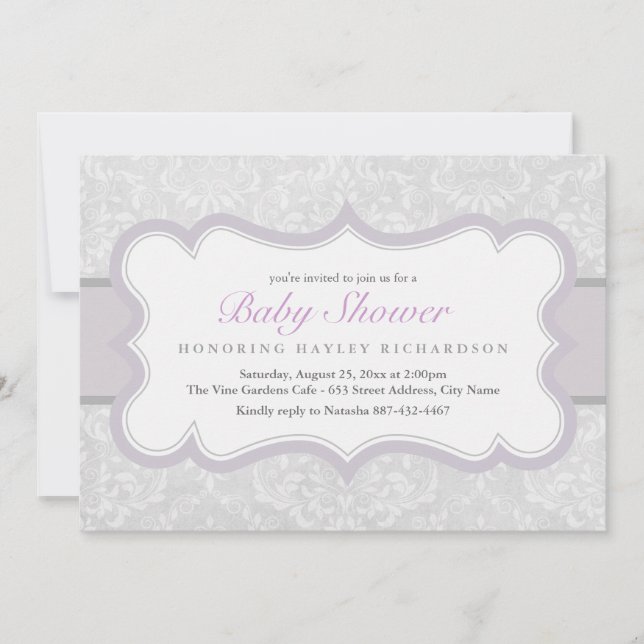 Invitation Baby shower damassé violet et gris élég (Devant)